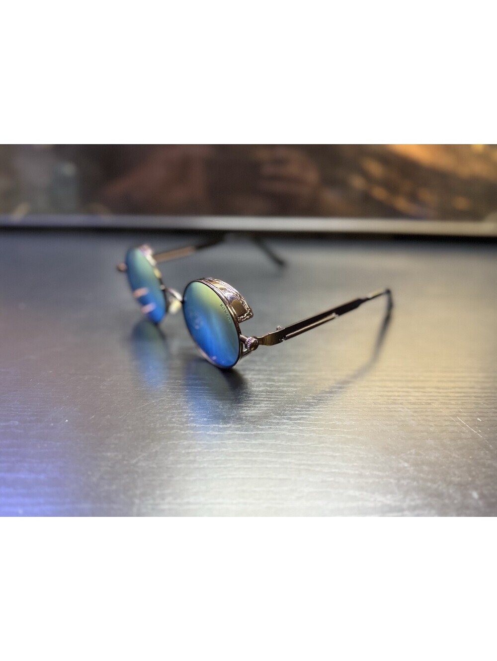 RONSOU Steampunk Round Sunglasses Blue Mirror Lens Side Shields Retro